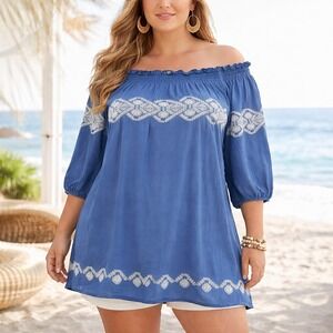 Jade Melody Tam Off Shoulder Tunic Top Embroidered Boho Peasant Blouse Blue XL